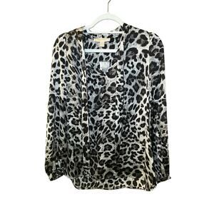 Michael Kors Blouse Top Women's M Multicolor Leopard Print Long Sleeve Neck Tie